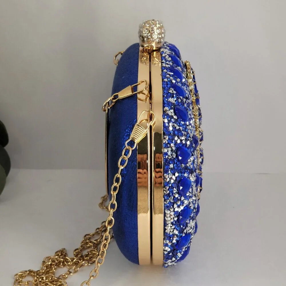 Blue Crystal Embellished Evening Clutch Bag Gold Handle & Chain Strap By RAMLA! - Picture 9 of 11